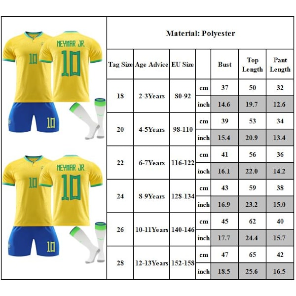 22/23 Brasilien nr 10 Neymar JR. Fodboldtrøje til børn Fodbold Træning Sportwear Kit V. 18