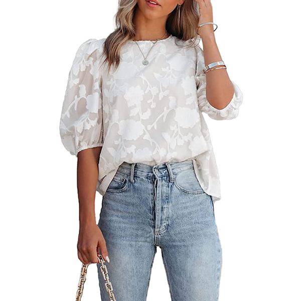 Bubble Sleeve chiffong lös topp Skjorta med blommig textur（vit） V M
