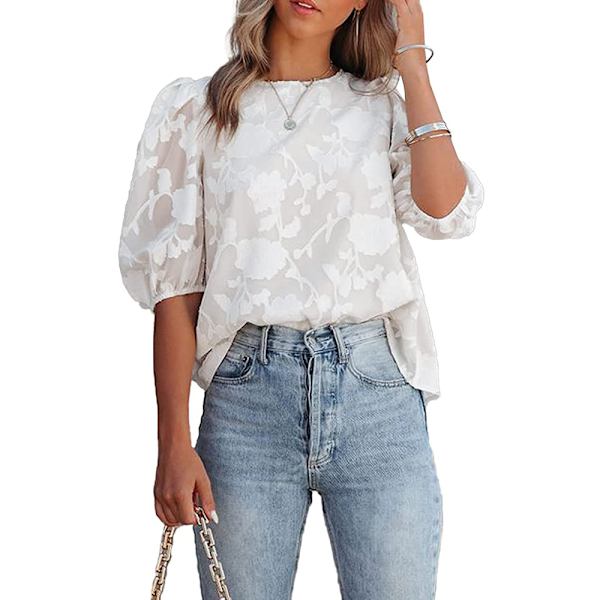 Bubble Sleeve chiffong løs topp Skjorte med blommig tekstur（hvit） V M