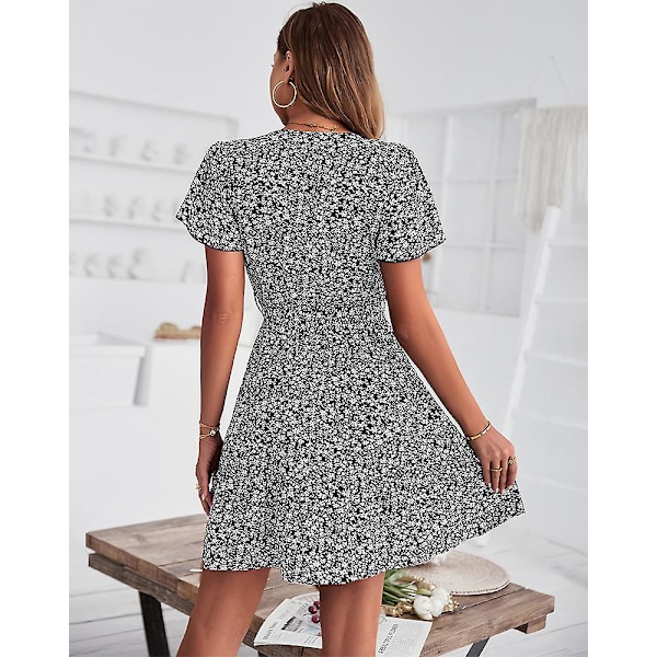 Kukkainen V-aukkoinen minimekko Seksi kietaisumekko naiset Flowy lyhythihainen aurinkomekko Black L