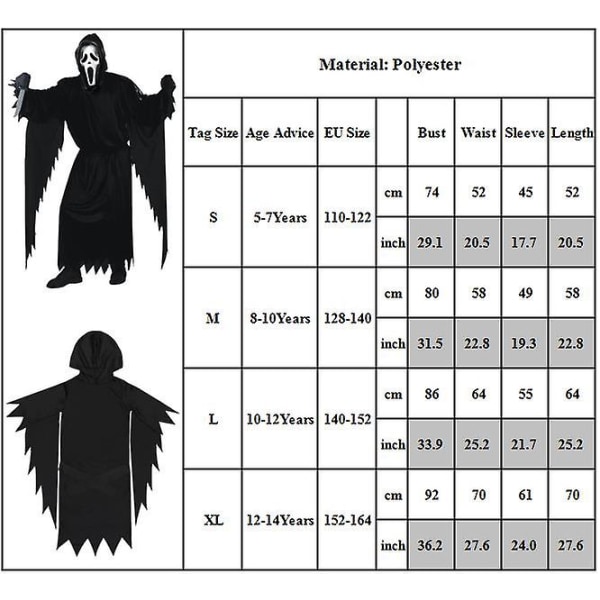 Kids Scream Cosplay Kostym Spöke Halloween Barn Fancy Dress Outfit Med Masker V 10-12 Years