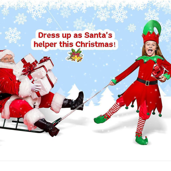 Jullov Elf Cosplay Dräkt Outfit För Barn Flickor Xmas Cosplay Outfits Klänning Strumpor Skor Hatt Fancy Dress Up 6-7 Years