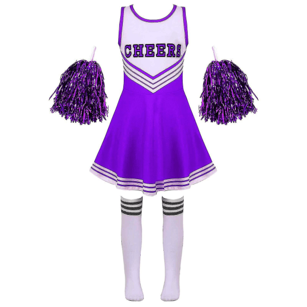 Barn Cheerleading Kostym Skjørtjenter Cheerleader Uniformer Cheer Dans Antrekk For Halloween Kjole Med Strømper Blomst D_y Purple 5-6 Years