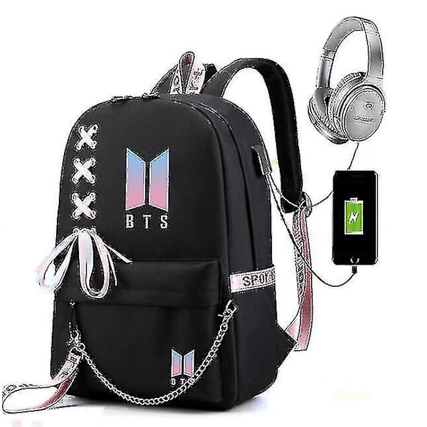 Bts Rygsæk Skole Rygsæk til mandlige og kvindelige studerende Ekstern USB/hovedtelefonsport Black 5