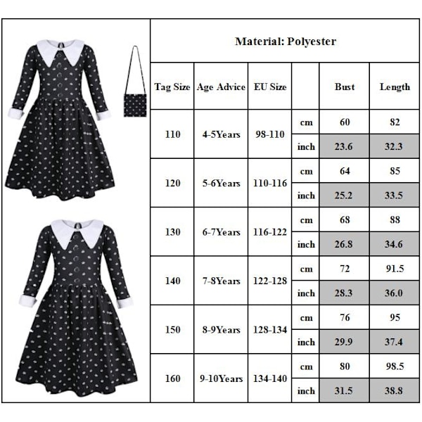 Pige onsdag rollespil kostume kjole rollespil Halloween Cos 140cm