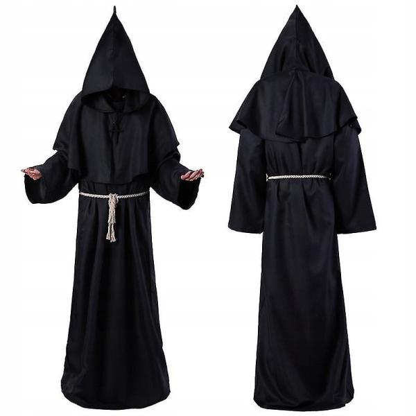 Trollkarl Kostym Medeltida Hooded Robe Priest Outfit W Black XL