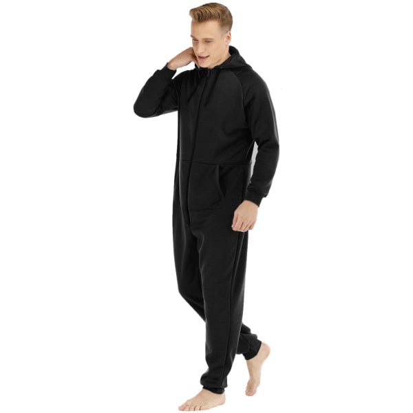 Varm fleece pyjamas med huva för män Black M