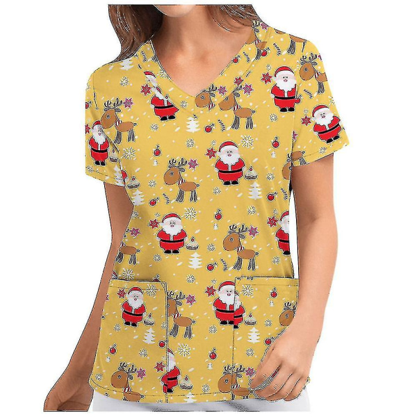 Jul Kvinner Ammeuniform Skrubb Kortærmet T-skjorte Xmas Bluse Tee Topper V-ringet Yellow L