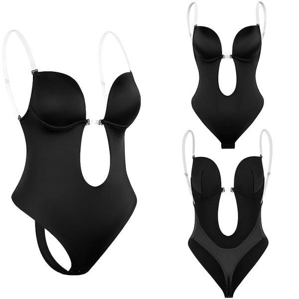 Naiset syvä V-aukkoinen Body Shaper olkaimettomat selkämyksettömät Body Shapewear U Plunge saumaton Thong V Black M(34)