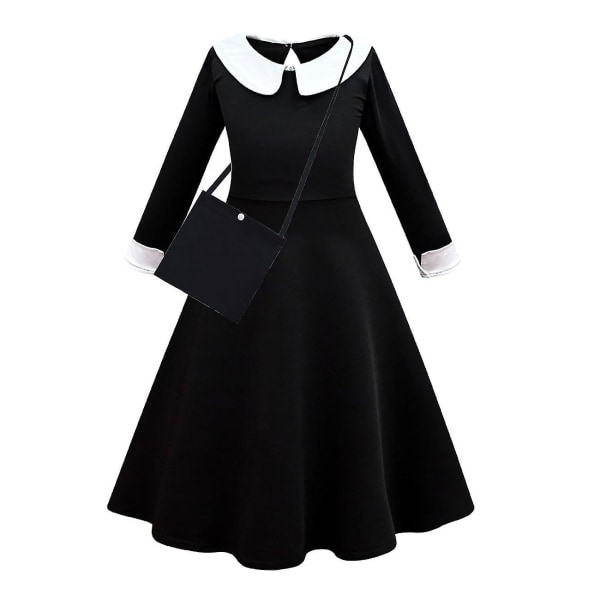 Onsdag Addams Cosplay Kostym Set Girls Black Dress Halloween Carnival Party Finklänning W 2 piece set 110cm
