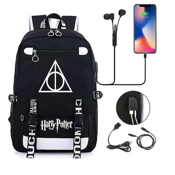 Harry Potter Monster Ryggsekk Casual Student Skoleveske USB Ladningsveske Reiseveske-9q black1