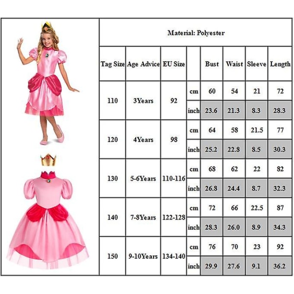Super Mario Princess Peach Cosplay Rosa prinsessklänning med krona för barn Flickor Klä upp till Halloween-födelsedagsfest 9-10 Years
