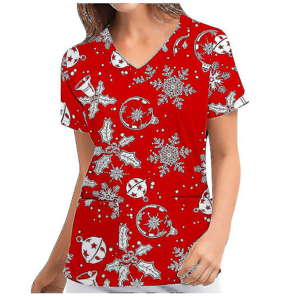 Jul Kvinner Ammeuniform Skrubb Kortærmet T-skjorte Xmas Bluse Tee Topper V-ringet Dark Red M