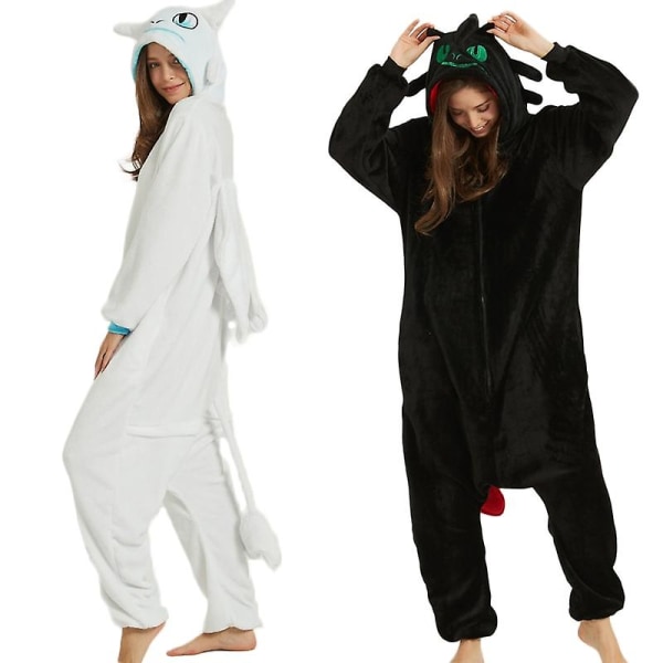 Hampaaton lohikäärme Valkoinen Musta Onesie Aikuinen unisex Flanelli Pyjama Anime Cosplay Puku Harjoittele yö Fury Yöpuku E46762ac Yz Black S  140*155cm