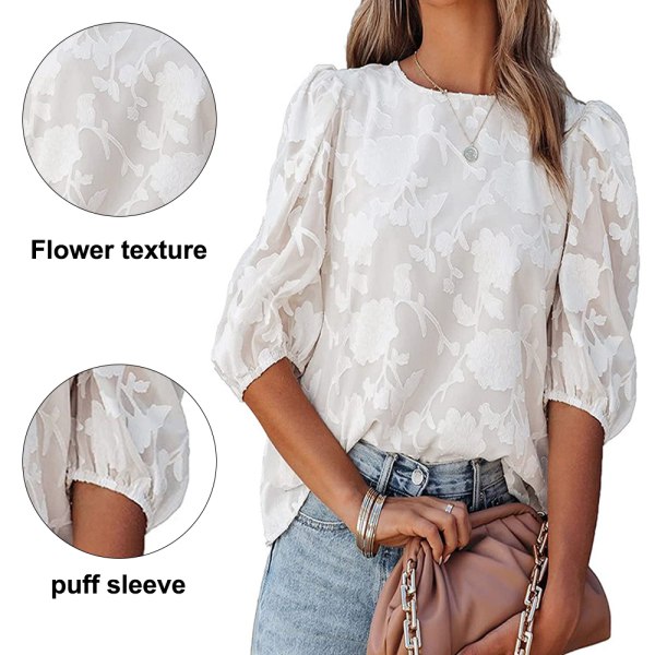 Bubble Sleeve chiffong lös topp Skjorta med blommig textur（vit） V XXL