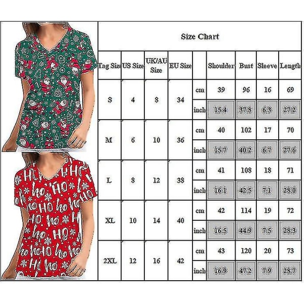 Jul Kvinde Ammeuniform Scrub Kortærmet T-shirt Xmas Bluse Tee Tops V-udskæring Red XL