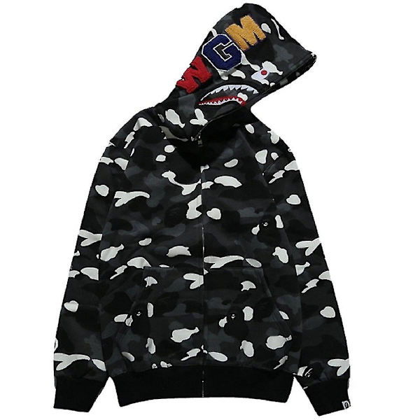 Shark Head Camo Hoodie Herre Langærmet Zip Up Sweatshirt Hip Hop Casual Tynd Jakke - A XL