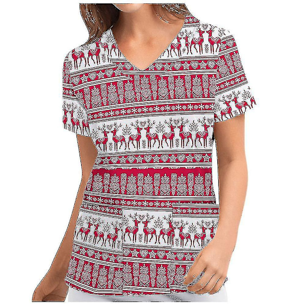 Jul Kvinner Ammeuniform Scrub Kortærmet T-skjorte Xmas Bluse Tee Topper V-ringet Watermelon Red XL