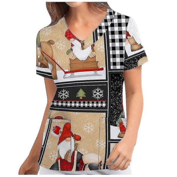 Jul Kvinde Amning Uniform Scrub Kortærmet T-shirt Xmas Bluse Tee Tops V-udskæring Coffee M