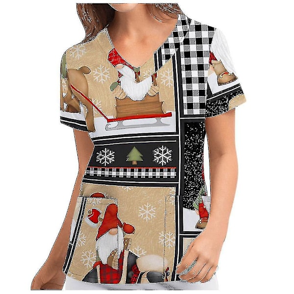 Jul Kvinner Ammeuniform Scrub Kortærmet T-skjorte Xmas Bluse Tee Topper V-ringet Coffee M