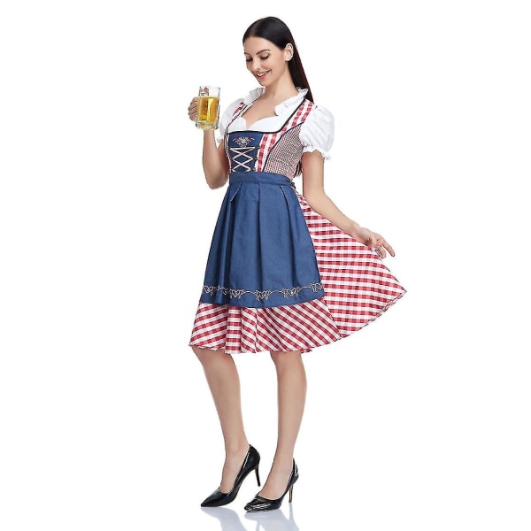 Kvinnors Oktoberfest Beer aid Costume Bavarian Traditional Dirndl Dress W Denim Red Check M