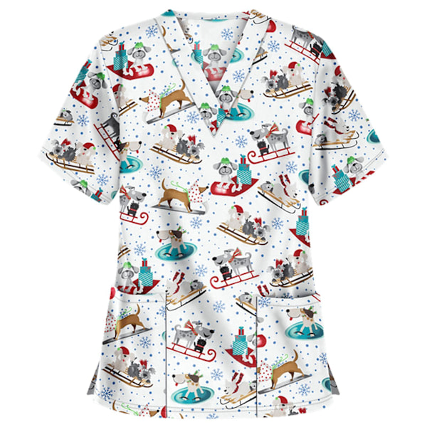 Jul sjuksköterska Uniform Kvinnor V-hals Print T-shirt Casual Kortärmad Pocket Toppar W 2 L