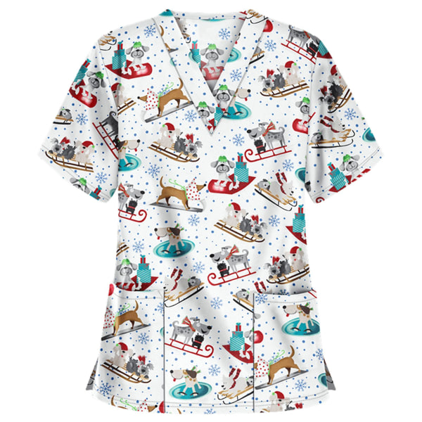 Jul sjuksköterska Uniform Kvinnor V-hals Print T-shirt Casual Kortärmad Pocket Toppar W 2 M