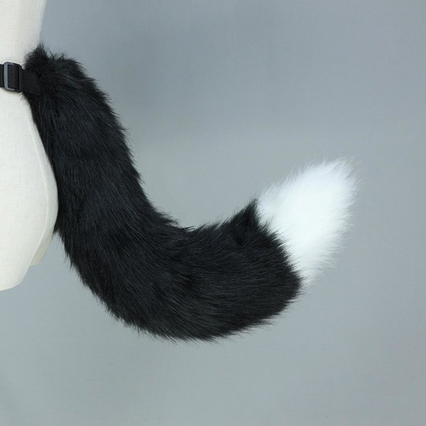 Flexible Faux Fur Cat Costume Tail Cosplay Halloween Christmas Party Costumes V Black and white