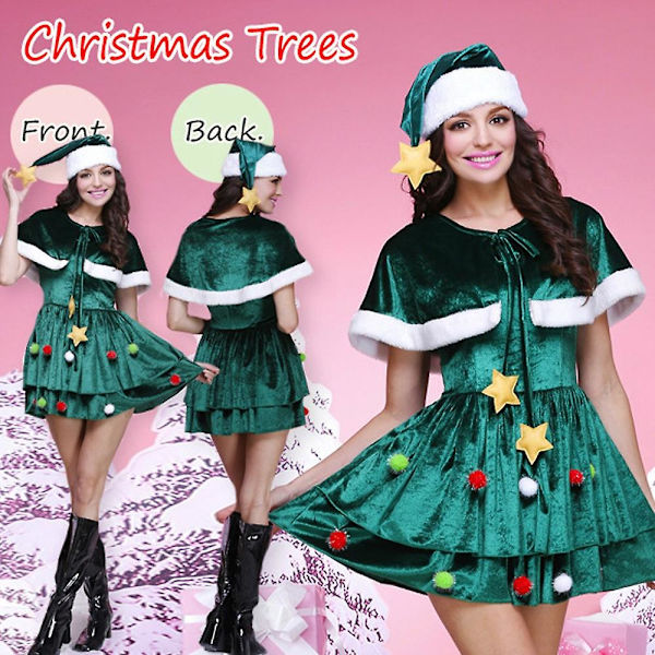 Kvinnor julklänning Xmas elf kostym Set Holiday outfit med tomtehatt sjal W M