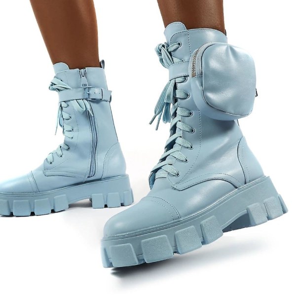 Naisten Pocket Lace Up Boots Solki Remmi Paksu Pussin Nilkka V Sky Blue 35