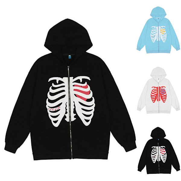 Skulls Print Oversized Jackor Coat Zip Up Hoodies Sweatshirt white M