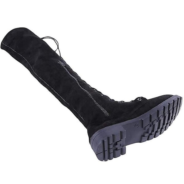 Snørestøvler Over Knee Boots Dame Låg Hæl Boots Vinter Flock Knæhøje Flats Sko 42
