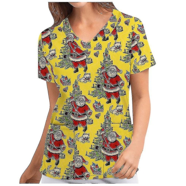 Jul Kvinde Ammeuniform Scrub Kortærmet T-shirt Xmas Bluse Tee Tops V-hals Lemon Yellow M