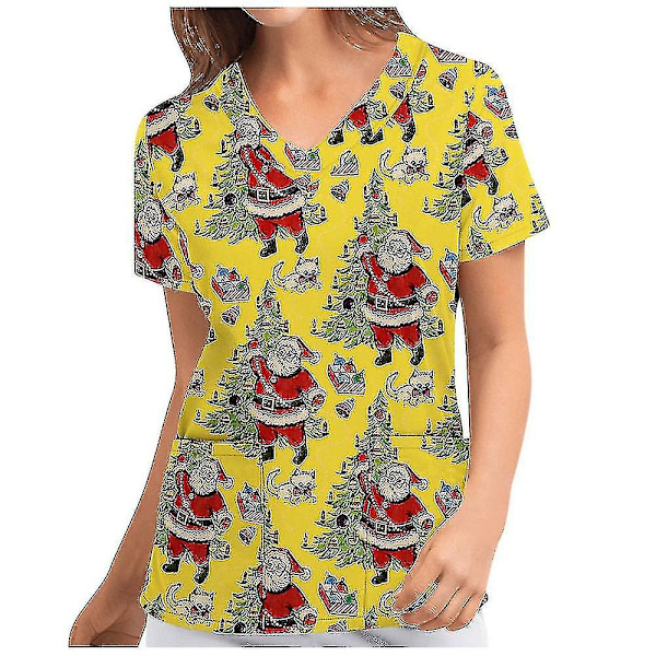 Jul Kvinner Ammeuniform Skrubb Kortærmet T-skjorte Xmas Bluse Tee Topper V-ringet Lemon Yellow L