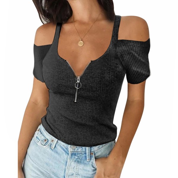 Naisten Pure Color Casual Summer Top vetoketju olkapäätön T-paita Black M