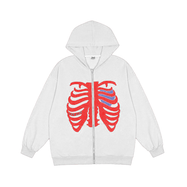 Skulls Print Oversized Jackor Coat Zip Up Hoodies Sweatshirt white M