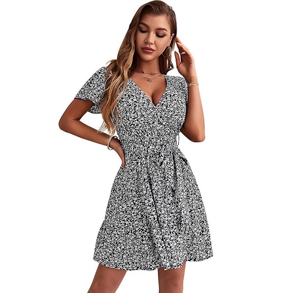 Kukkainen V-aukkoinen minimekko Seksi kietaisumekko naiset Flowy lyhythihainen aurinkomekko Black XL