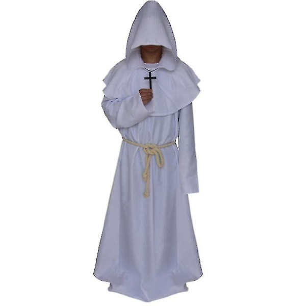 än unk Hooded Robe Kappa Cape Friar edeltida Präst Cosplay kostym V White M