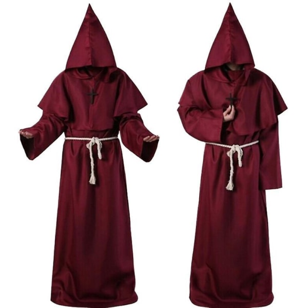 Halloween Cosplay Costume Ancient Costume Medieval Monk Robe Monk Costume Wizard Costume Priest Cos Costume FPDM maroon L