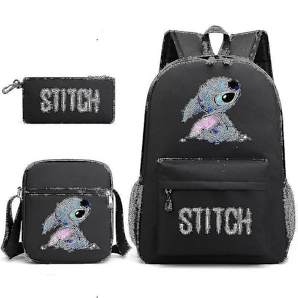 Lilo Stitch Ryggsäck Tredelad set skolväska barn för pojke flicka present V Black