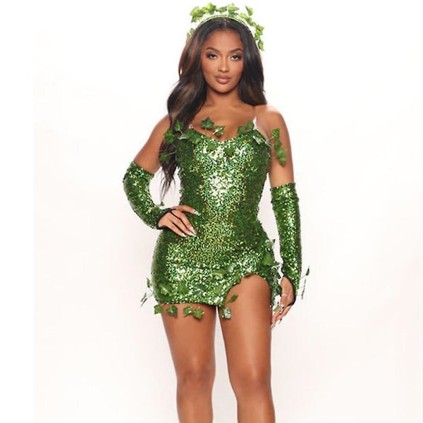 Halloween-skurk Poison Ivy Cosplay Kostume Finkjole til kvinder Karneval Fest Paljetkjole Sæt L