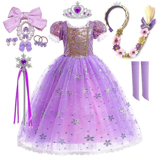 Prinsessa Rapunzel -mekko tytöille, tyylikkäät lilat mekot, upeat karnevaaliasut, lastenjuhlien iltapuvut, Halloween-roolipelipuvut 4Y Tag-120 Rapunzel Sets 08