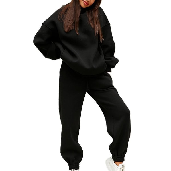 Løs treningsdresssett Fleece hettegenser bukser Casual Sport Suit V Black M