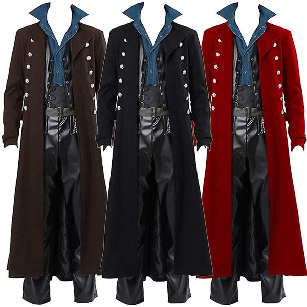 2021 vintage medeltida kostymer Steampunk Gothic svart långjacka kappa Vampire Cosplay Pirate Halloween Outfit Trenchcoat för män Red M