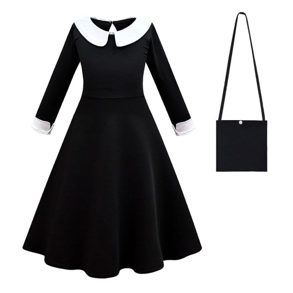 Onsdag Addams Cosplay Kostym Set Girls Black Dress Halloween Carnival Party Finklänning W 2 piece set 110cm