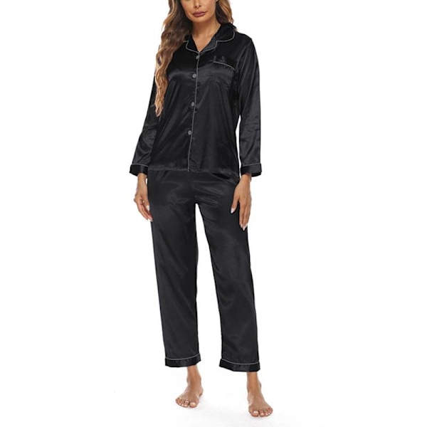 Kvinde Solid Pyjamas Sæt Nattøj Pyjamas Knap Casual Dragt Black M