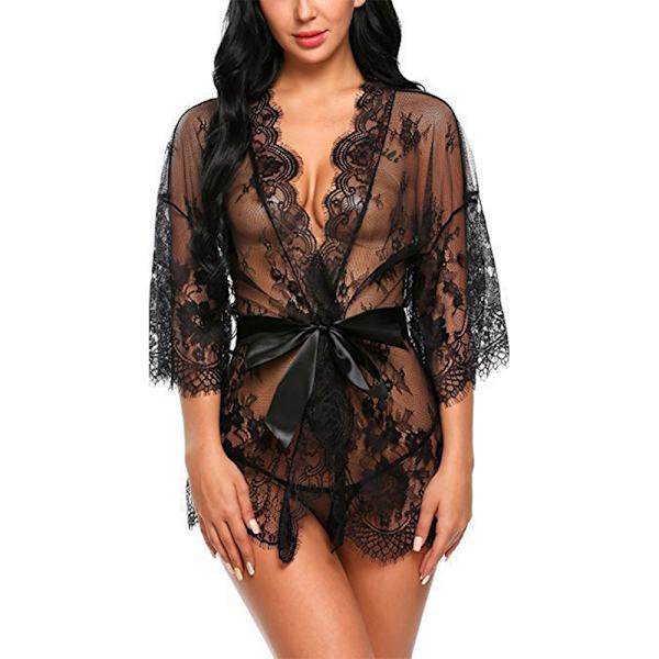 Kvinna Mode Transparent Spets Cutout Spets Sexig Nattlinne black L