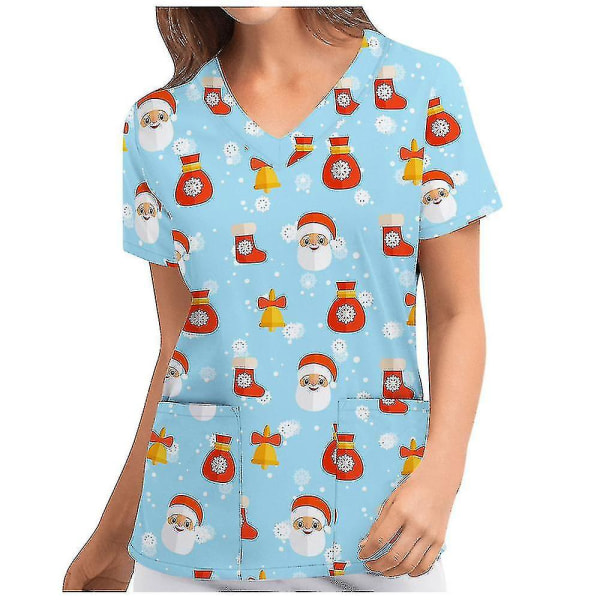 Jul Kvinner Ammeuniform Skrubb Kortærmet T-skjorte Xmas Bluse Tee Topper V-ringet Sea Blue XL