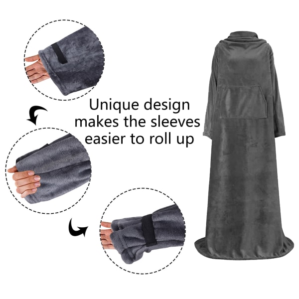 Bärbar filt med ärmar Vintermjuk sofffilt fullbody V gray