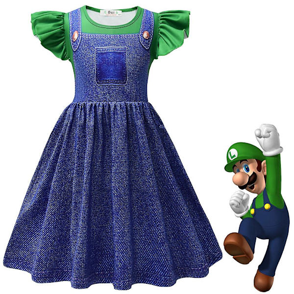 4-9-vuotiaiden tyttöjen prinsessa Peach/Super Mario Cosplay-juhla-asu Mekko Lahjat Denim Green 7-8 Years